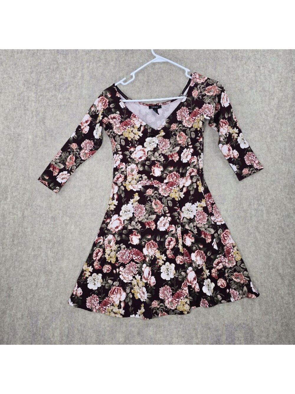 Forever 21 Women Floral Fit & Flare Dress Burgundy Multi Size M Polyester